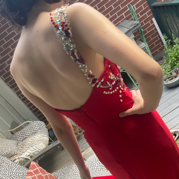 Party Time Formals - Red long Evening Prom gown rhinestones with train - Picture 2 of 12